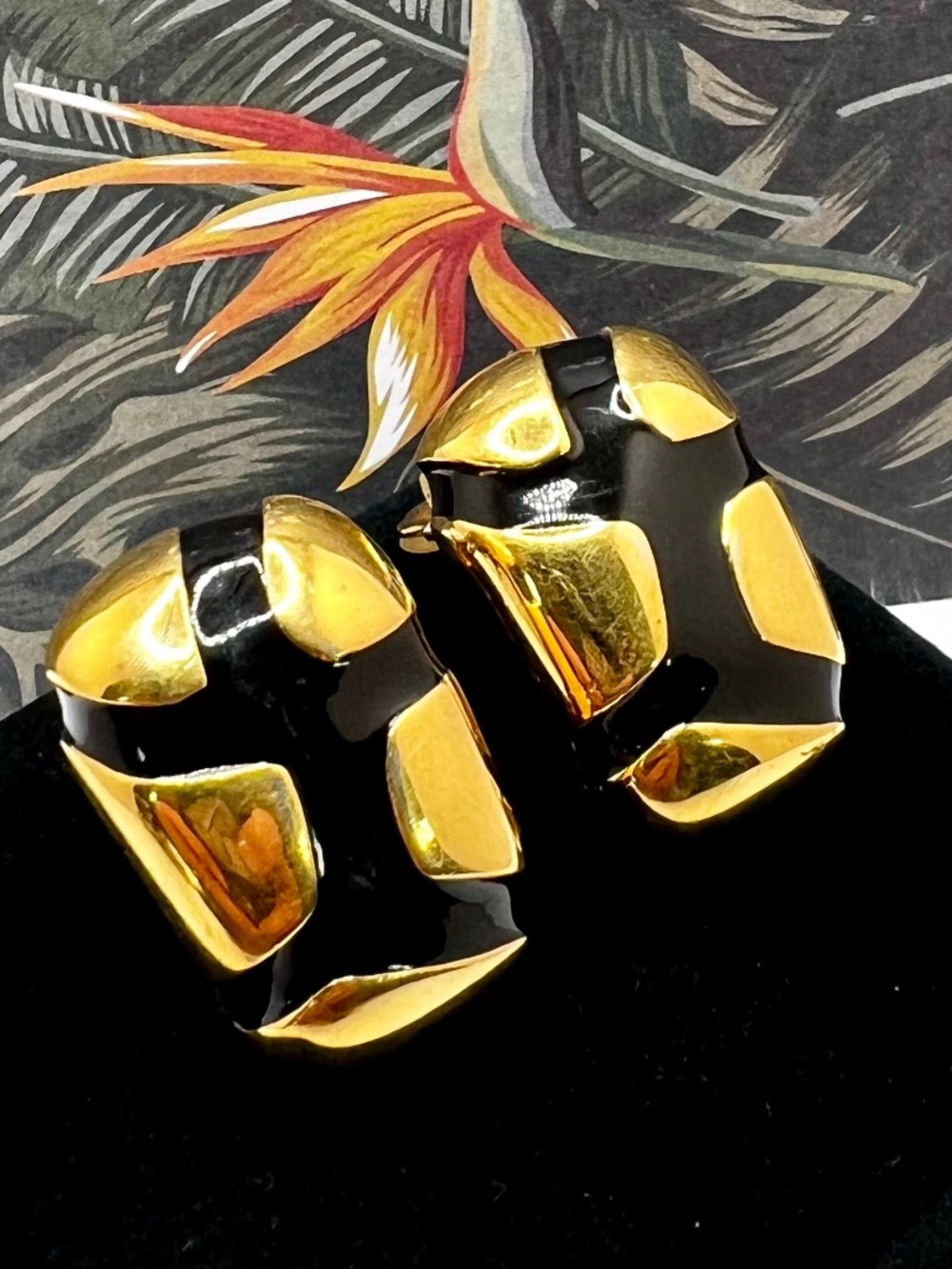 St. John Gold & Black Safari Semi Hoop CLIP Earrings